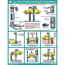 Информационный плакат Безопасность работ в авторемонтной мастерской. Электромеханический подъемник